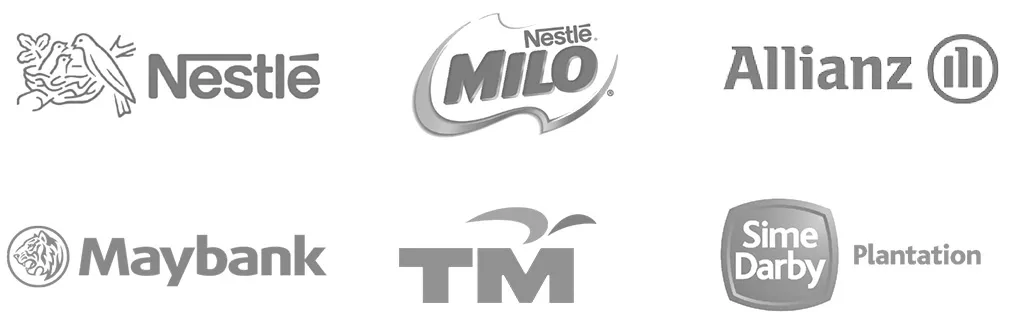 Client logo banner featuring Nestlé, Milo, Allianz, Maybank, TM, and Sime Darby Plantation