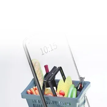 Smartphone in grocery basket with food items representing mobile grocery shopping and digital retail