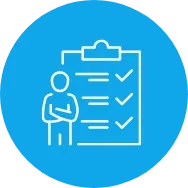 Blue circular compliance icon featuring a figure beside a checklist with tick marks, representing Trinergy's dedication to thorough and reliable process management.