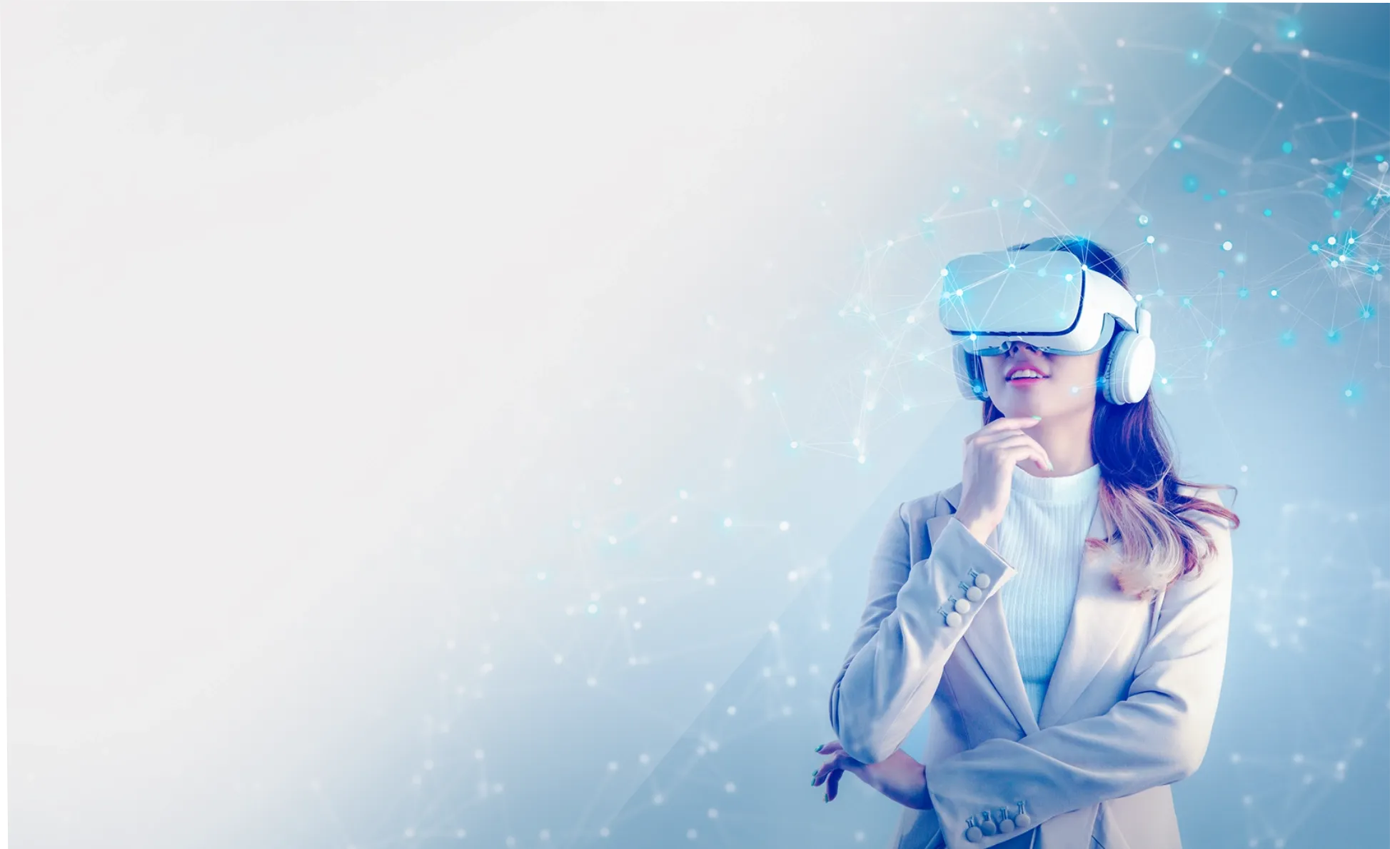 Woman wearing virtual reality headset with digital network overlay, exploring immersive VR experience
